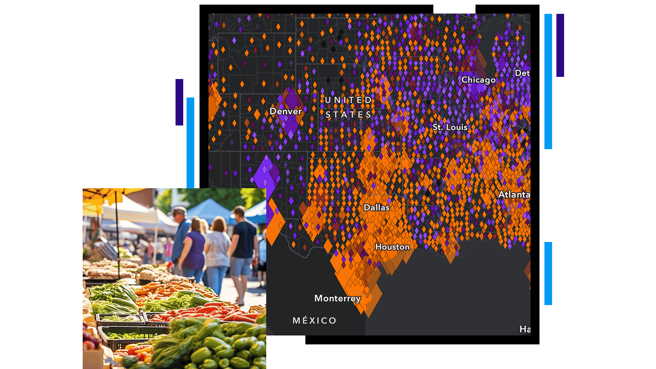 A map of the United States with diamond-shaped data points in orange, and a photo food displays in an outdoor farmer’s market