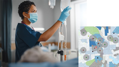 A masked and gloved health worker checking an IV line, and a blue, white, ad green map with larger gray circles