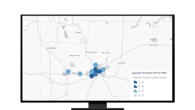 A map highlighting areas of the number of aggregate overdoes in a selected are from 2012 to 2020