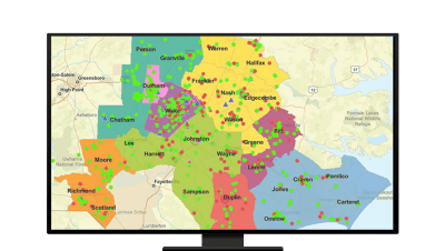 Map of the US state of North Carolina with areas outlined in various colors and data points in green
