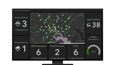An incident status dashboard showing numbers of oopen shelters, road closures, weather, and other incidents 