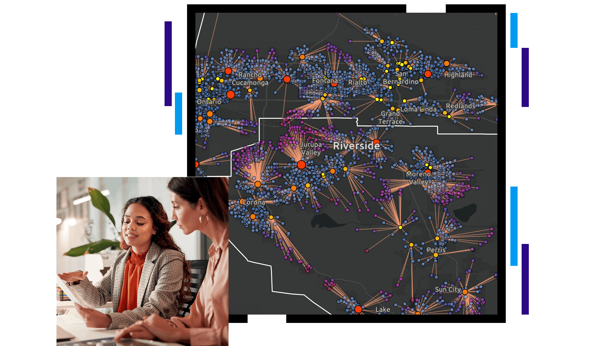A map of Riverside County, California with radiating data points and a photo of two people working together in an office
