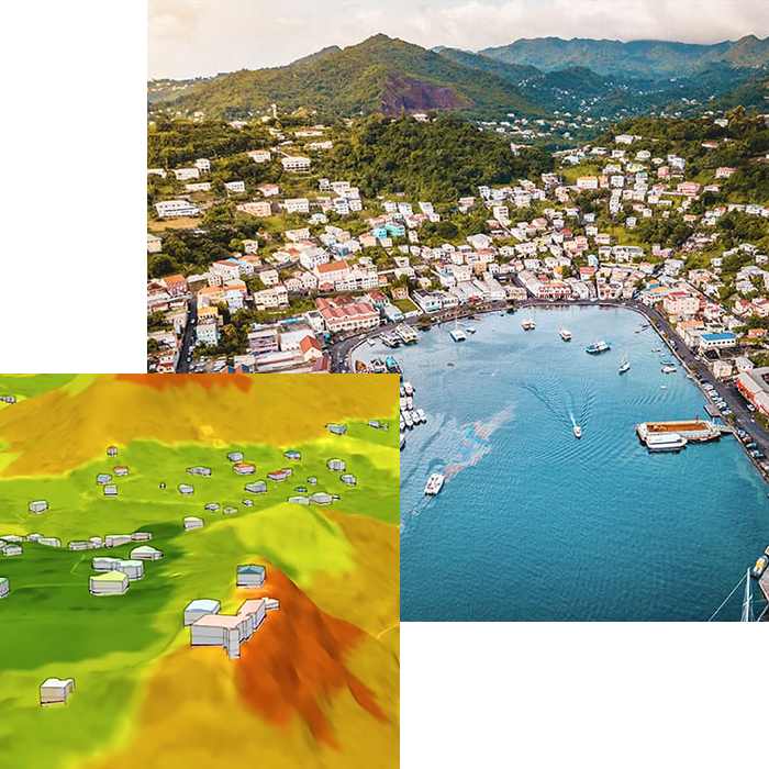 Una mappa di elevazione in cui gli strumenti di intelligenza artificiale geospaziale hanno identificato gli edifici a rischio di frane; sullo sfondo un porto insulare con montagne verdi