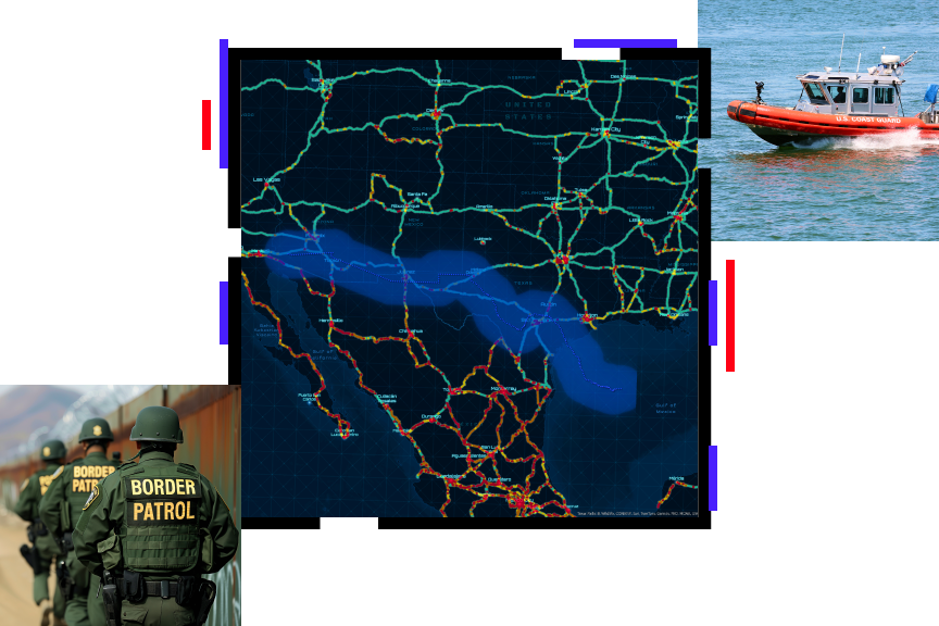 Map of western United States with major highways highlighted in green on a dark blue background and locations along the roads noted in red point clusters