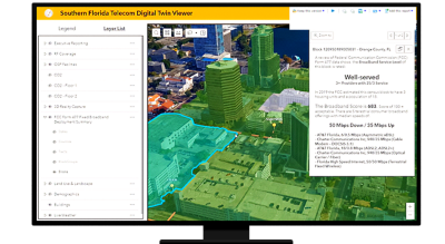 A graphic of a computer monitor displaying a map dashboard with a photo of a city shaded in green and blue and several map legends