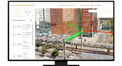 A graphic of a computer monitor displaying a map dashboard with a photo of a city scene with telecom lines highlighted in green and red
