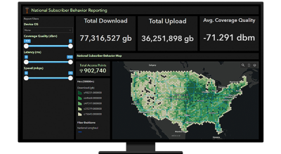 A graphic of a computer monitor displaying a map dashboard with a map of the US in green on a black background and various statistics