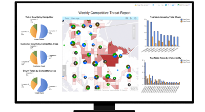 A graphic of a computer monitor displaying a map dashboard with a red and white state map, three pie charts, and two bar graphs