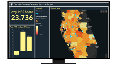 A graphic of a computer monitor displaying a map dashboard with a map in yellow and orange, a map legend, and a bar graph