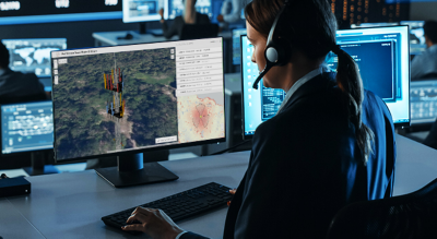 A photo of a person wearing a blazer and headset sitting at a desk facing a computer displaying a map in a blue-lit group office