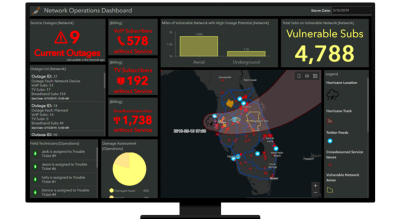 A graphic of a computer monitor displaying a map dashboard with a map of Florida in dark gray with various statistics and data sets 