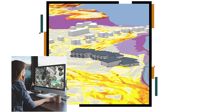 Montage of a designer pointing at a laptop screen and a rendering of a city with a cutaway of a building under construction