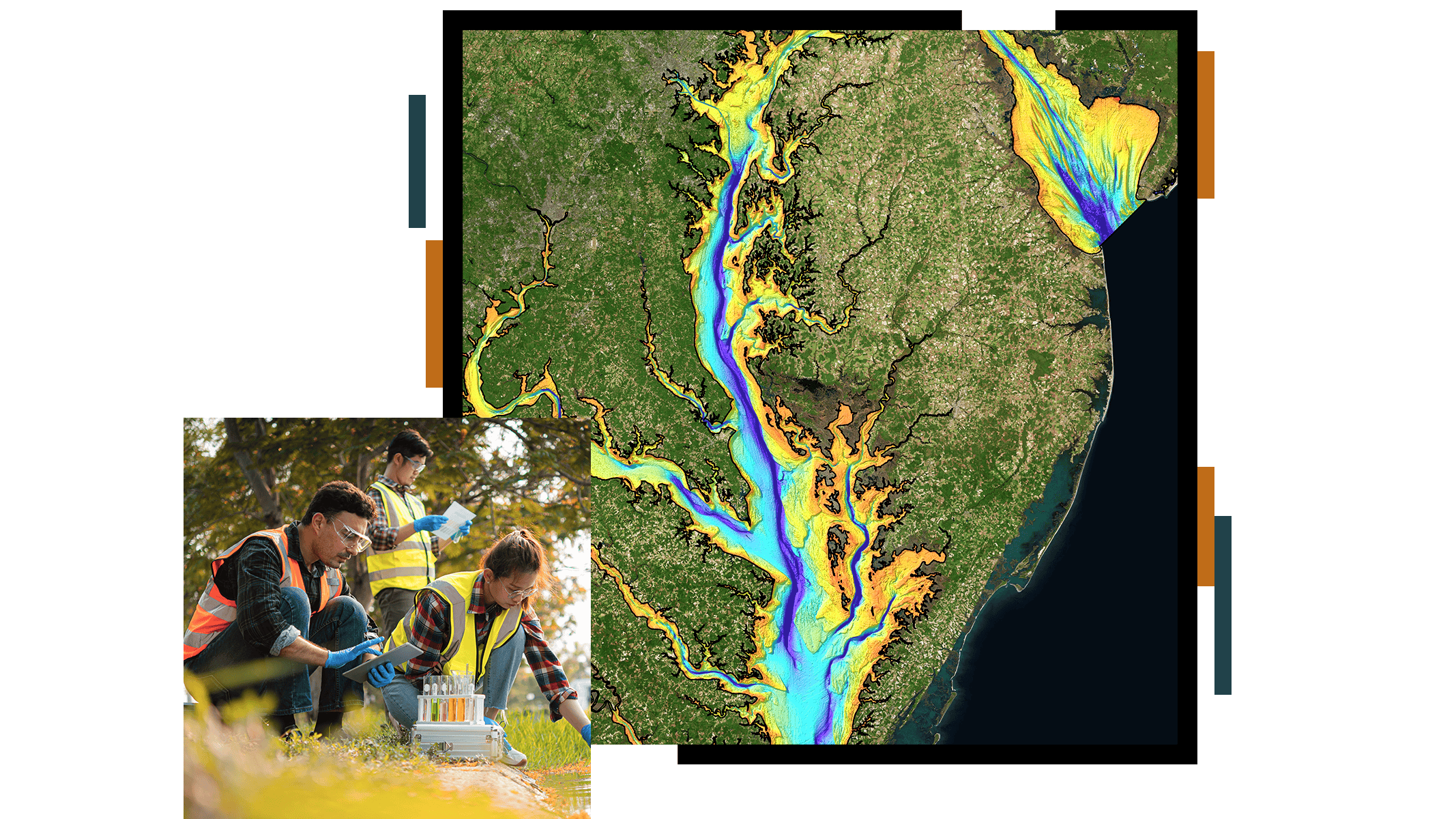 Water scientists collecting water samples from a body of water. A satellite view of the Chesapeake Bay is shown with elevation color-coded.