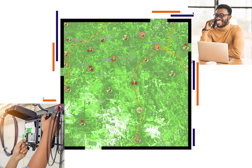 A bright green map of a large rural area overlaid with orange and yellow dots and lines indicating mobile network reception, beside a smaller image of a technician connecting cables to a network box and an image of a man smiling while he uses a laptop and cell phone