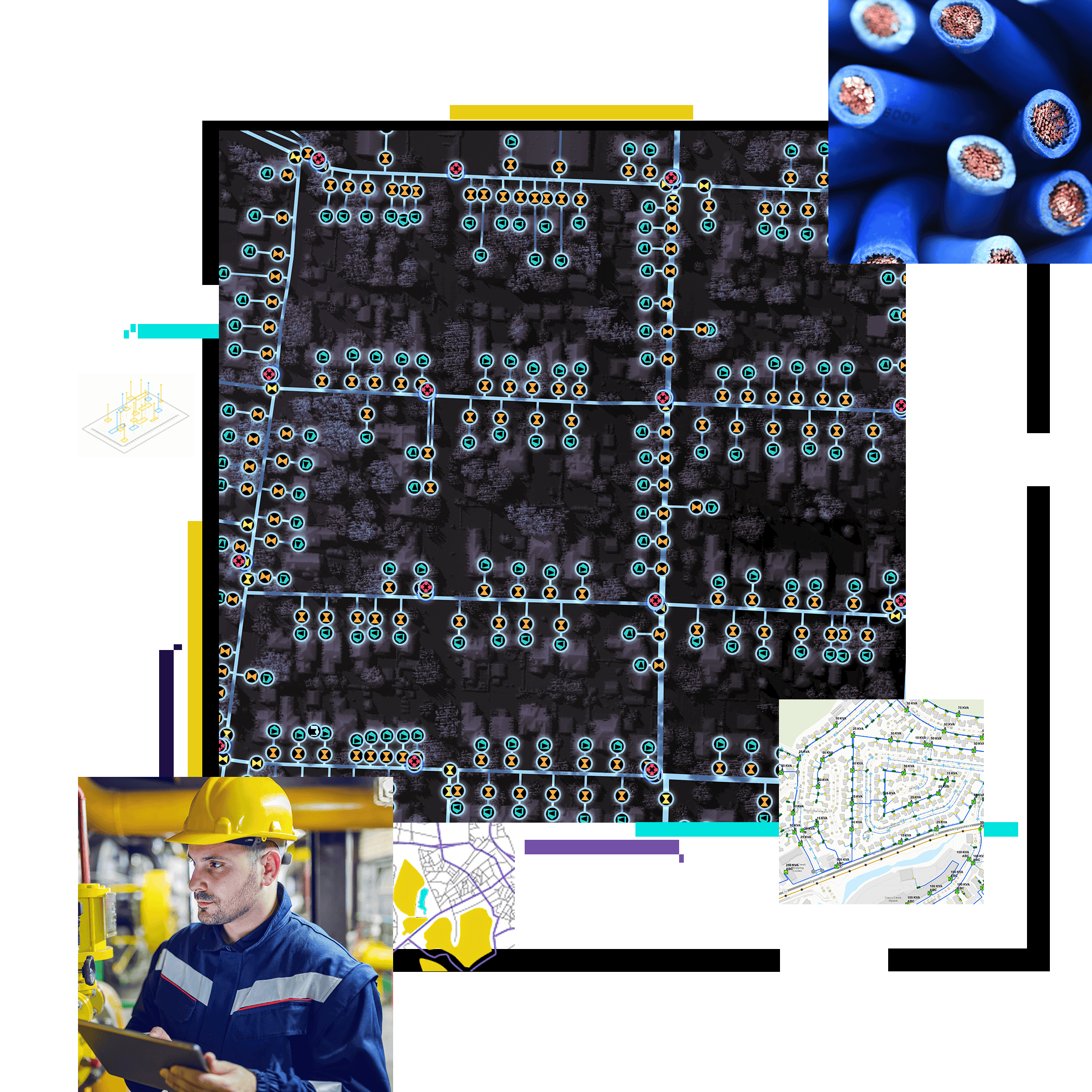 Electric transmission lines, map of energy utility network, person in hard hat