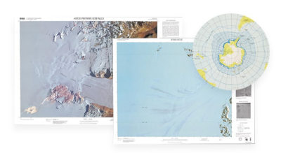 Two overlapping map displays, each with a blue contour map alongside legends of analysis options, overlaid with a small round polar map