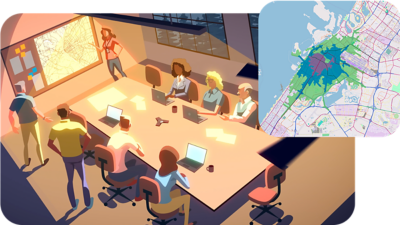 Illustrated people in an office participating in a meeting overlaid with an image of a map 
