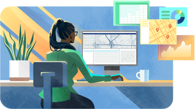 A person sitting at a desk using a desktop computer overlaid with different displays of GIS software