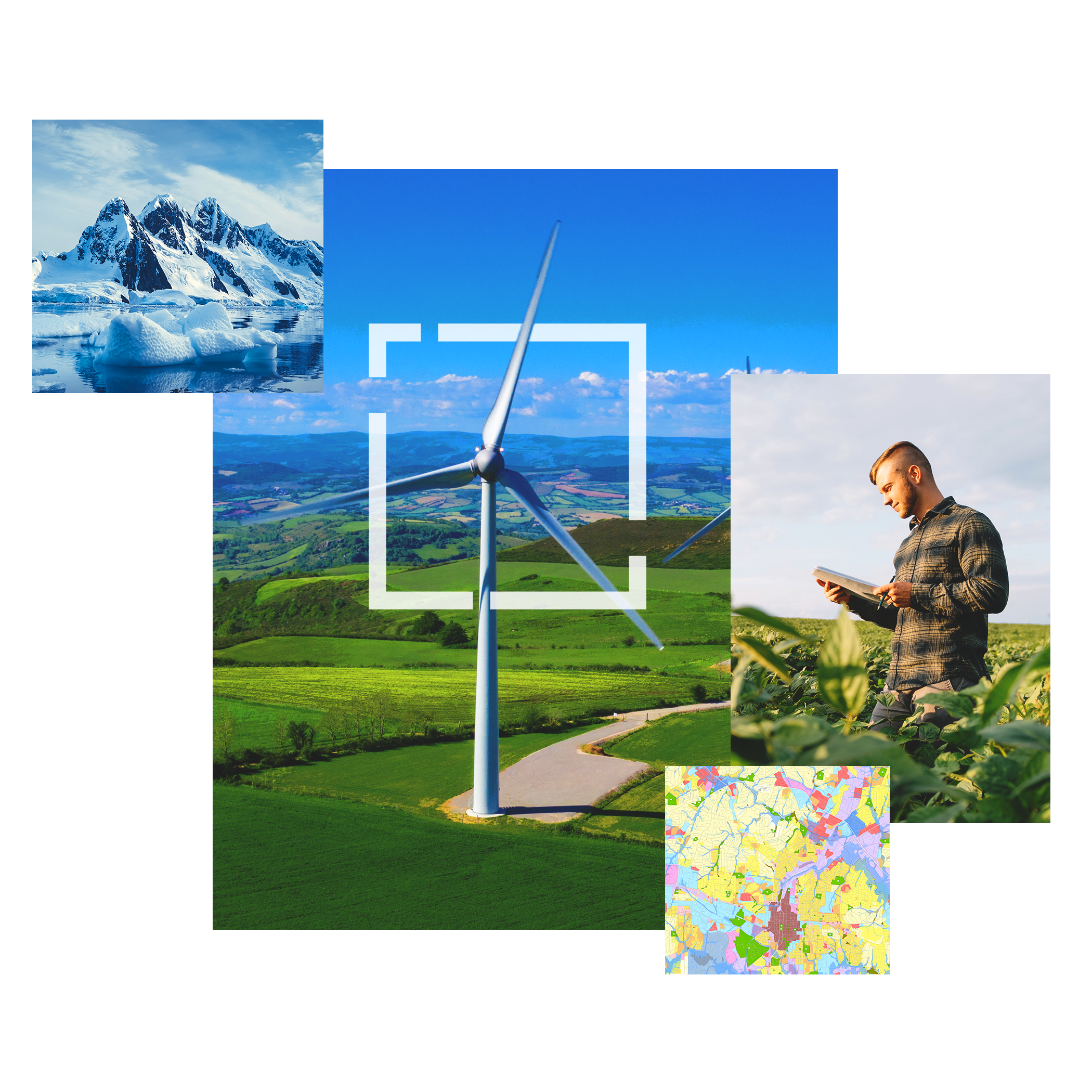 Windmill; snowy mountain peak; person using a tablet in a field;  and a yellow, red, and purple shaded map
