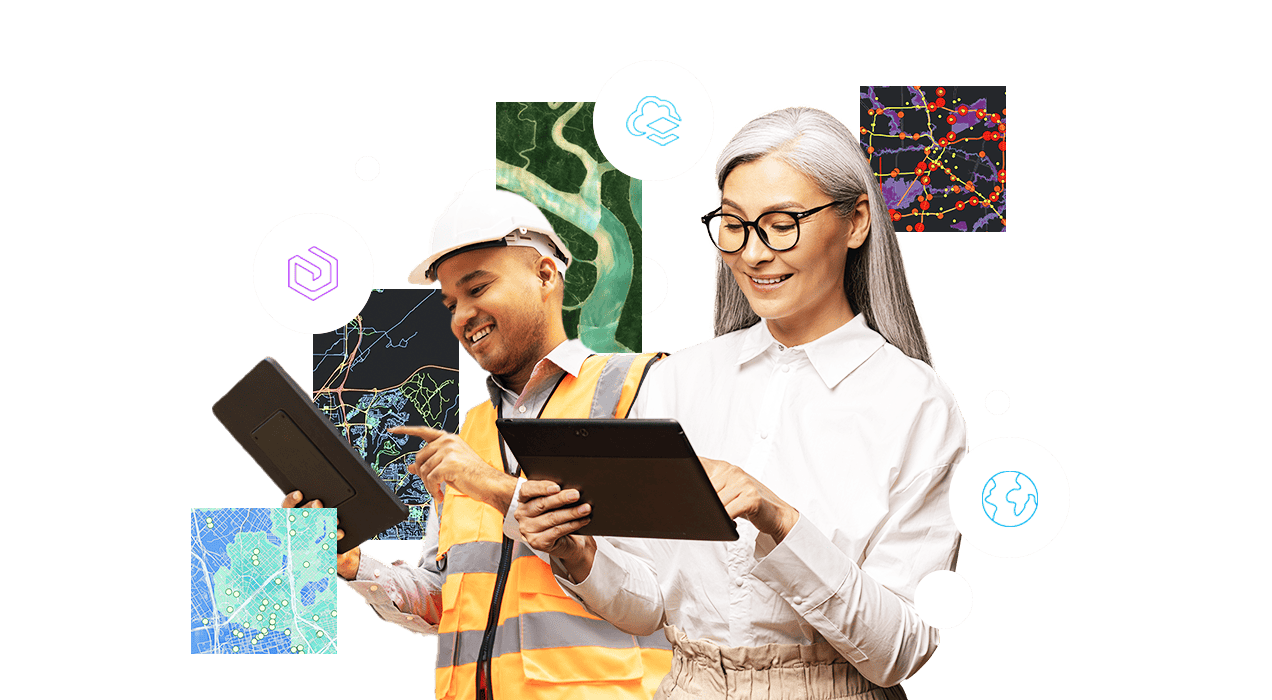 A professional woman and a man in a white hard hat looking at a tablet with inset images of maps and circular icons