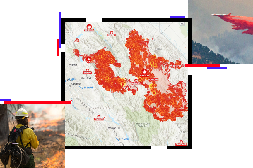 Firefighter evaluating a wildfire, map of a wildfire, and plane dropping red fire retardant